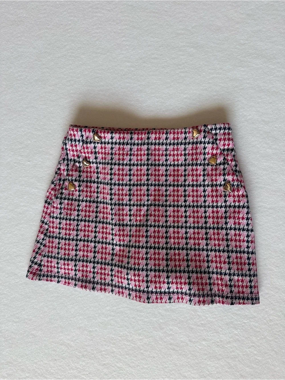 Girls Pink/Red/Navy Preppy Houndstooth Gold Heart Accent Skort size small 6-7